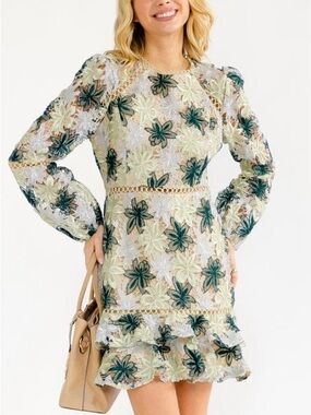 GREEN AND CREAM LONG SLEEVE FLORAL MINI DRESS WITH CROCHET AND LACE DETAILS